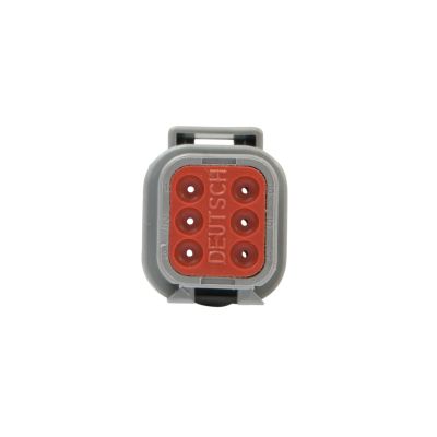 DEUTSCH DTM Series 6-way receptacle connector with red and gray color scheme, showcasing durable electrical design.