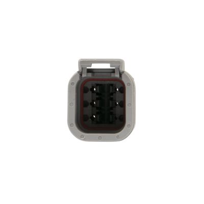 Front view of a DEUTSCH DTM Series 6-way receptacle, featuring gray exterior and precise connector design for secure fit.