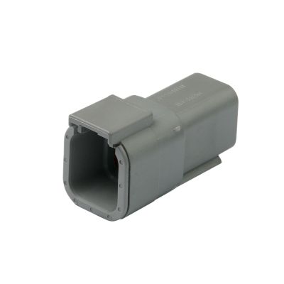 Deutsch DTM04-6P, 6-way receptacle connector, gray, showing open end and rectangular shape.
