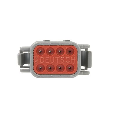 DEUTSCH DTM Series 8-way plug in gray and red, front view showing circular design and secure connection features.