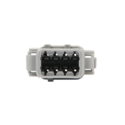 Close-up of an 8-way DEUTSCH DTM Series plug connector showing its pin configuration and gray outer casing.