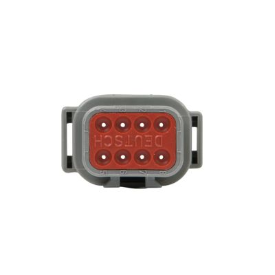 DEUTSCH DTM Series 8-way receptacle, gray housing, red interior, designed for secure electrical connections.