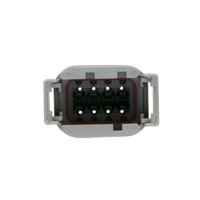 Gray DEUTSCH DTM Series Receptacle, 8-Way connector with a rectangular shape, showing interior connection ports.