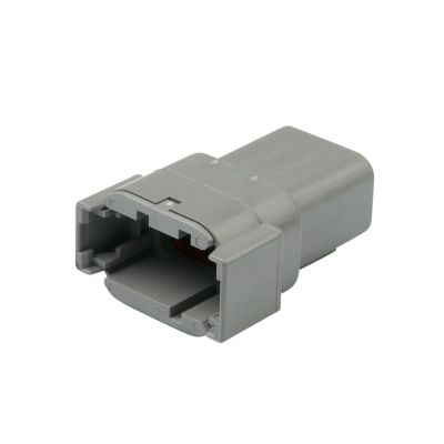 Gray Deutsch DTM 8-way receptacle connector with durable casing and open socket design for electrical applications.