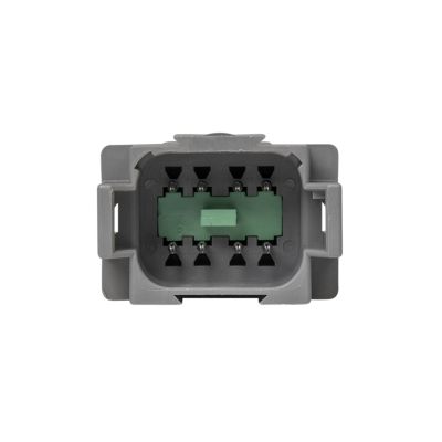 Deutsch DT Series bussed receptacle, gray casing, eight-pin configuration, front view, showcasing electrical connector design.