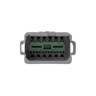 Deutsch DT Series bussed receptacle with three 4-pin busses, featuring a durable gray casing and green inserts.