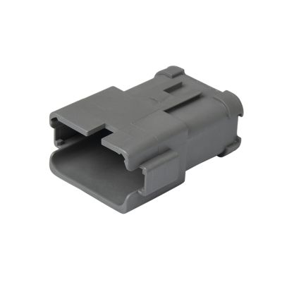 Deutsch DT04-12PA-P075 12-way receptacle with nickel contacts and three 4-pin busses, shown in a gray casing.