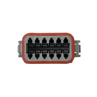 DEUTSCH DT Series 12-way plug with a robust, rectangular design and distinctive red sealing for secure electrical connections.