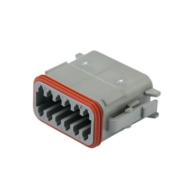 Gray Deutsch DT06-12SA 12-way automotive plug with orange sealing, showcasing its robust design and connector slots.