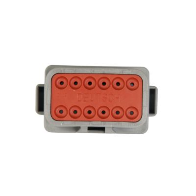 Deutsch DT Series Receptacle with 12-way connector, featuring red and gray design for secure electrical connections.