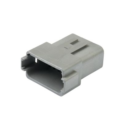 Gray Deutsch DT04-12PA 12-way receptacle connector with open end, showcasing its durable housing design for secure connections.