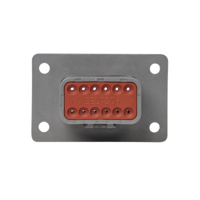 Deutsch DT Series 12-Way Flange Mount Receptacle with Gasket, showcasing durable design and multiple pin slots.