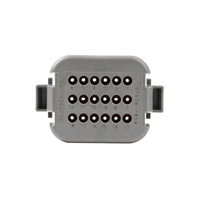 DEUTSCH DTV Series 18-way plug connector with a rectangular shape and multiple pin openings, labeled for easy identification.