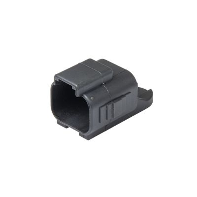 Black thermoplastic dust cap designed for a 2-way plug, featuring a rectangular shape and sturdy construction.
