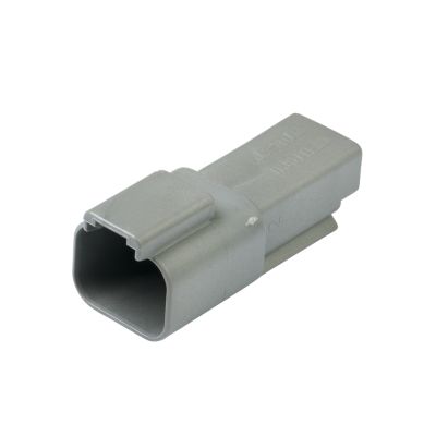 Deutsch DT04-2P two-way receptacle connector in gray with rectangular shape and robust design for secure connections.