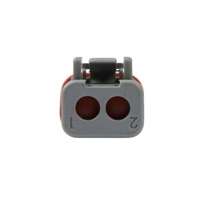 Deutsch DT Series 2-way gray dust plug with red seal, featuring dual circular openings for secure wire connections.