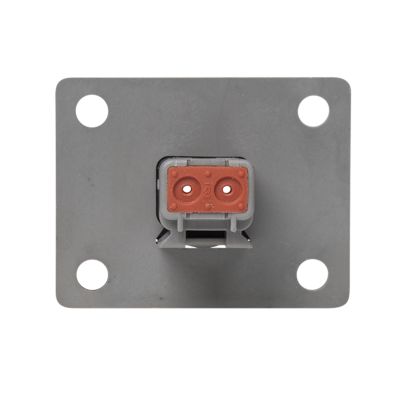 Deutsch DT Series Flange Mount Receptacle, 2-way, featuring a robust gray square design with four mounting holes.