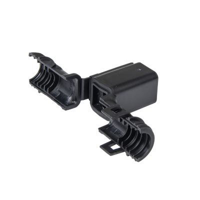 Deutsch DT Series Backshell for Receptacles, 2-way, 180¬∞ angle, open state, black plastic construction, ribbed interior design.