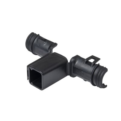 Deutsch DT Series backshells for receptacles, 2-way, 180-degree connectors in durable black housing design.