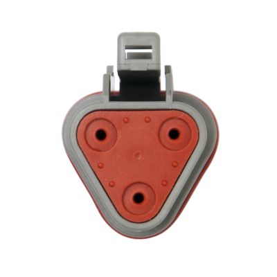 Gray and red DEUTSCH DT Series 3-way plug, featuring a triangular design with three connection points.