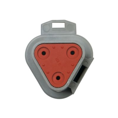 Three-way Deutsch DT Series Receptacle with red, triangular design and gray casing, showcasing connector slots.