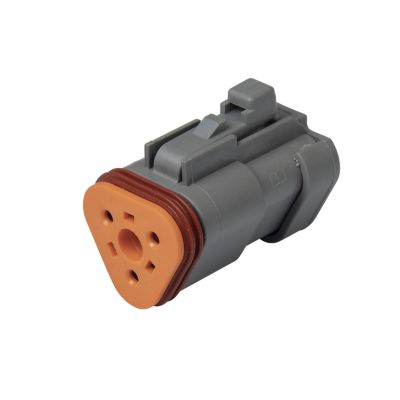 Orange Deutsch DT dust plug for 3-way receptacle with grey body, highlighting the secure fit for electrical connectors.