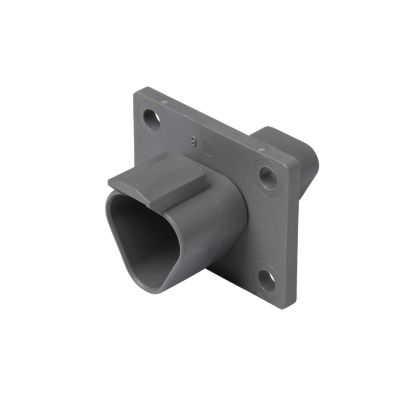 Gray Deutsch DT 3-way receptacle with flange mount, showcasing its robust design and connectivity features.