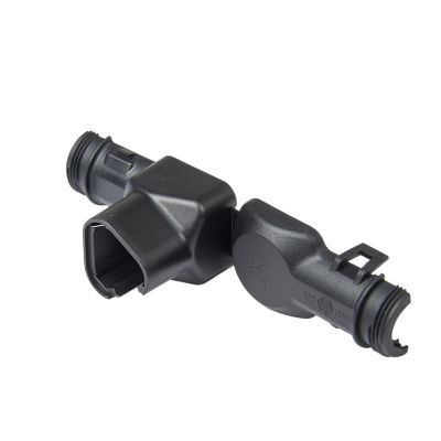 Deutsch DT Series 3-Way Backshell for Plugs, 90¬∞ angle, showcasing durable, black design and precise connectivity features.