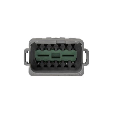 Deutsch DT 12-way receptacle with green insert, displaying four 3-pin busses and nickel contacts, ideal for connectors.
