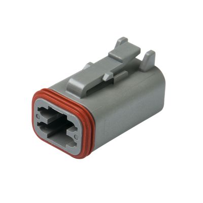 Gray Deutsch DT06-4S plug with red sealing ring and four connector slots, designed for secure electrical connections.