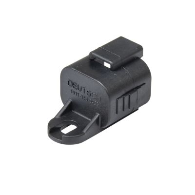 Deutsch DT Series 4-way dustcap, black plastic, featuring a secure latch and durable construction. Ideal for plug protection.