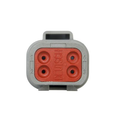 Deutsch DT Series 4-Way Receptacle featuring a grey casing with a red insert and four connection points.