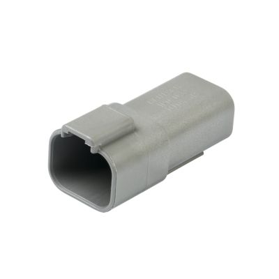 Deutsch DT04-4P 4-way receptacle, gray connector with secure locking mechanism, designed for electrical connections.