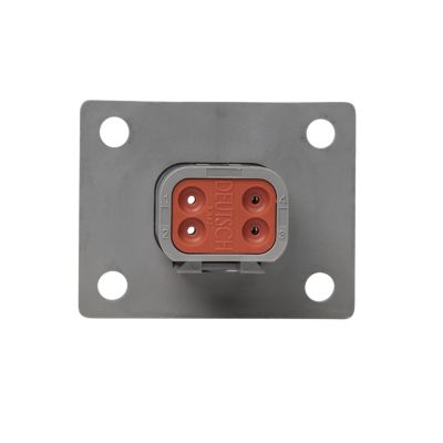 Deutsch DT Series 4-way flange mount receptacle with gasket, featuring four connection points on a rectangular base.