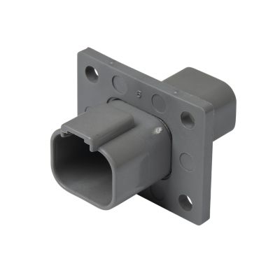 Gray Deutsch DT 4-way flange mount receptacle, featuring sturdy design and multiple mounting holes for secure installation.