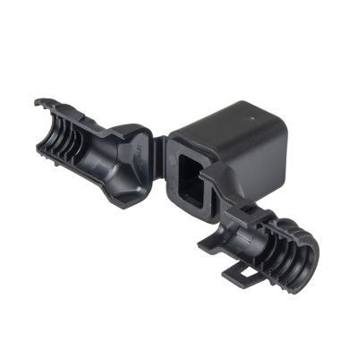 Deutsch DT Series black backshell for 4-way receptacle with 180¬∞ orientation, showing open interior and protective design.