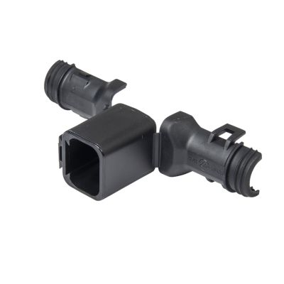 Deutsch DT Series 4-Way Backshell for Receptacles, 180¬∞ design, in black, showing two connected components.