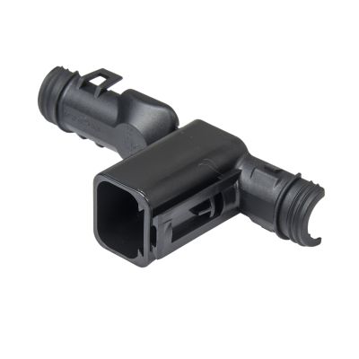 Deutsch DT Series 4-way 90¬∞ receptacle backshell, showing durable black plastic construction with secure connections.