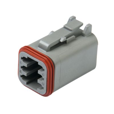 Deutsch DT06-6S connector, 6-way plug with grey housing and red seal, designed for secure electrical connections.