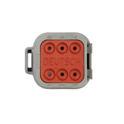 Deutsch DT Series 6-way receptacle with six circular slots and gray housing, ideal for secure electrical connections.