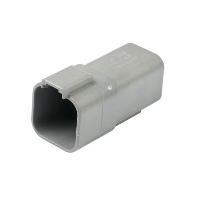 Gray Deutsch DT04-6P, DT 6-way receptacle, featuring durable plastic housing and a secure locking mechanism.