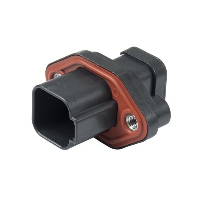 Deutsch DT Series 6-way flange mount receptacle, highlighting black and orange components with visible connection points.