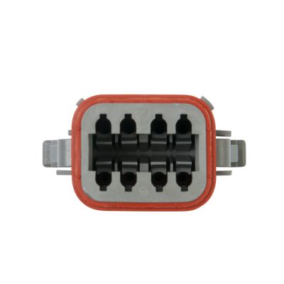 DEUTSCH DT Series 8-Way Plug with gray casing and red outer seal, featuring a front view of the connector's ports.