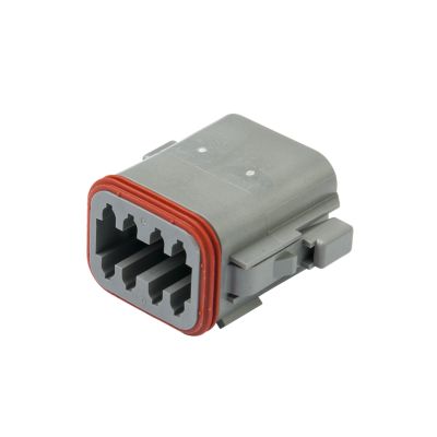 Gray Deutsch DT06-08SA 8-way plug with red seal, showcasing its connection slots and design features.