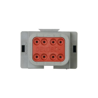Deutsch DT Series 8-way receptacle with red interior and gray exterior, displaying the Deutsch logo prominently.