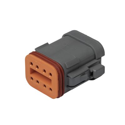 Deutsch DT dust plug for 8-way receptacle with gray and orange design, featuring socket covers and side latching mechanism.
