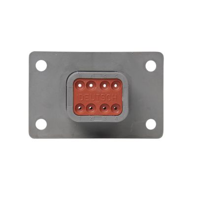 Deutsch DT Series 8-way flange mount receptacle with gasket, featuring a durable gray and orange design for secure connections.