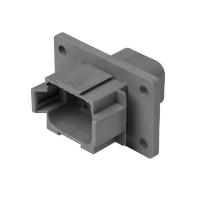 Deutsch DT04-08PA-L012, DT 8-way flange mount receptacle in gray with mounting holes, angled side view.