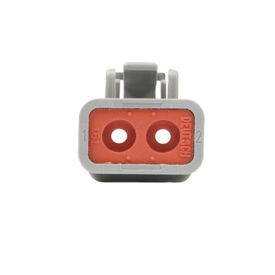DEUTSCH DTP Series 2-Way Plug, frontal view, showcasing dual circular connectors in a robust gray and orange housing.