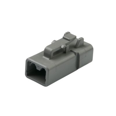 Gray Deutsch DTP06-2S plug, rectangular shape, designed for robust 2-way connections in electrical applications.